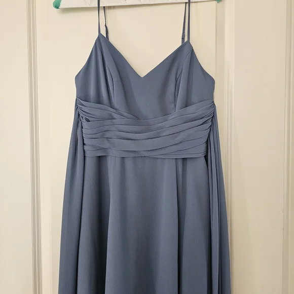 David's Bridal Chiffon Steel BLUE Maxi Dress W Pockets - Picture 6 of 8